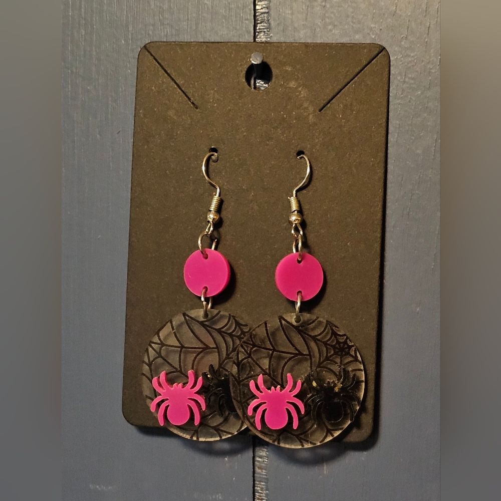 Pink and Black Spider Web Earrings